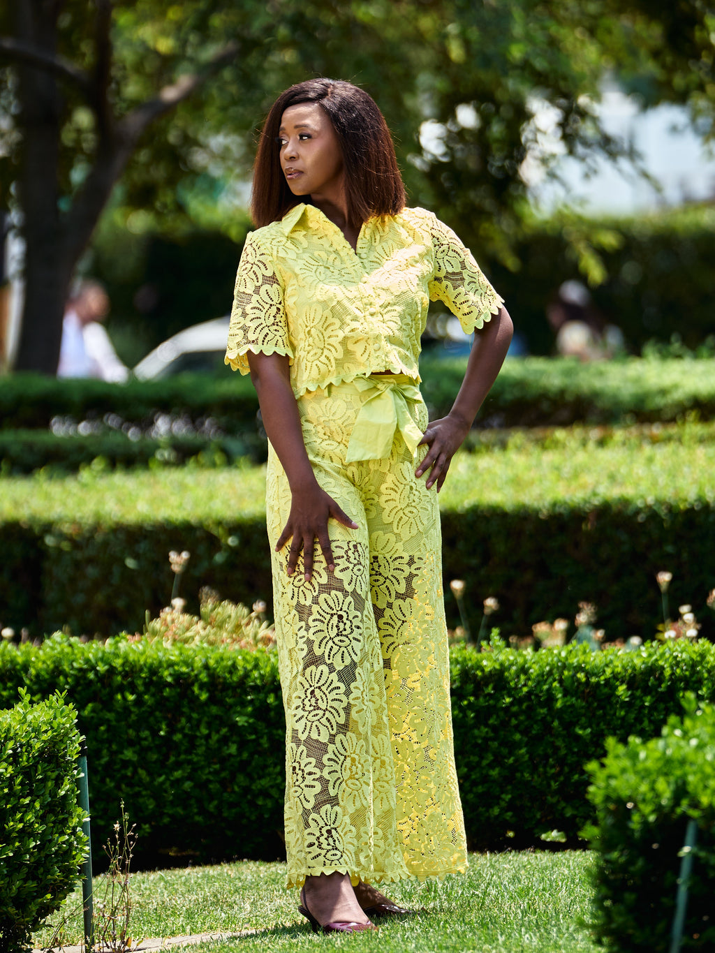 Yellow lace shirt and wide-leg trouser set, close view